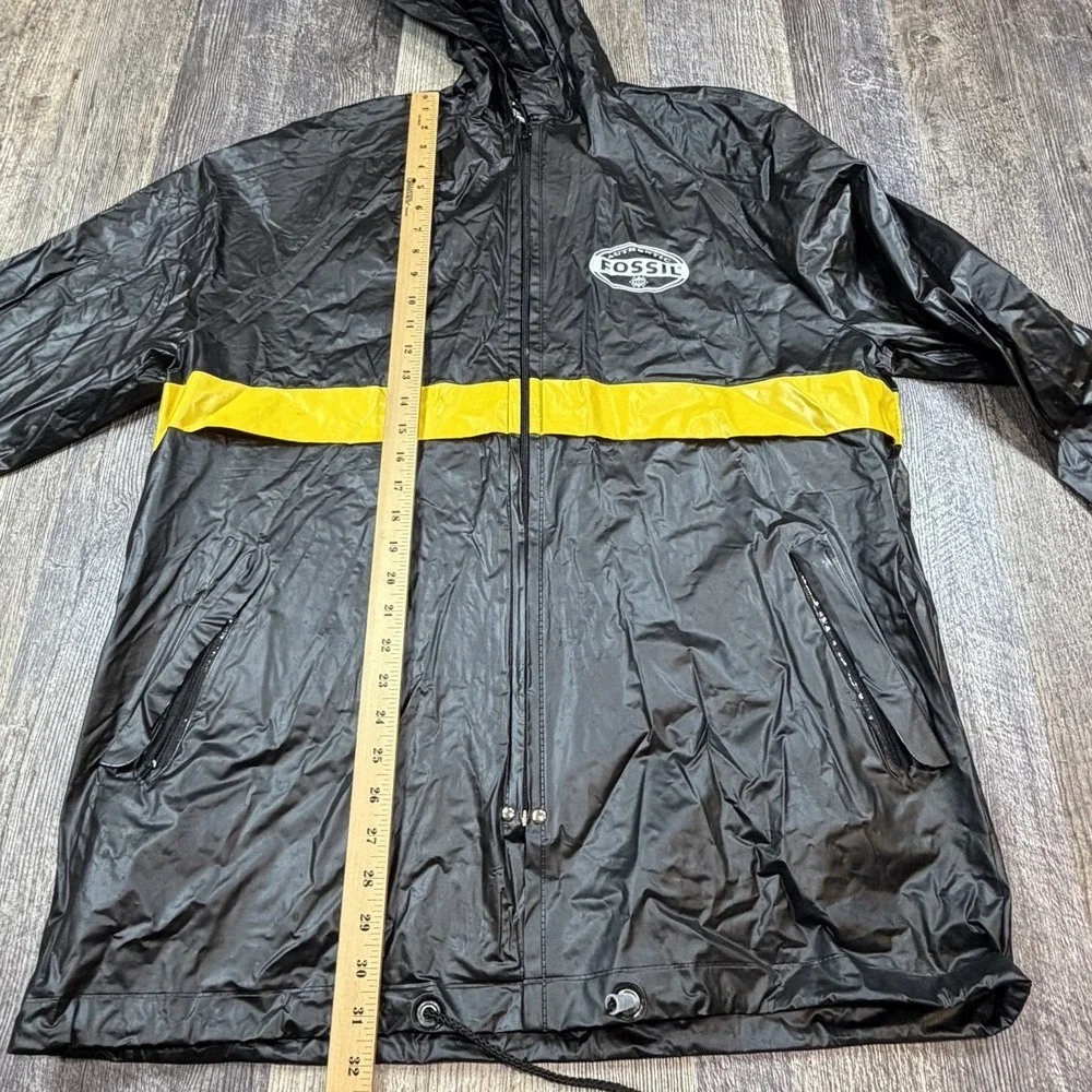 Fossil Authentic PVC Hooded Rain Jacket Black Yellow Stripe Full Zip Mens Medium